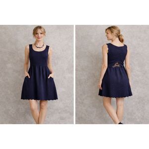 Maeve Anthropologie Navy Textured A-Line Dress Sleeveless Scalloped Lace Back L